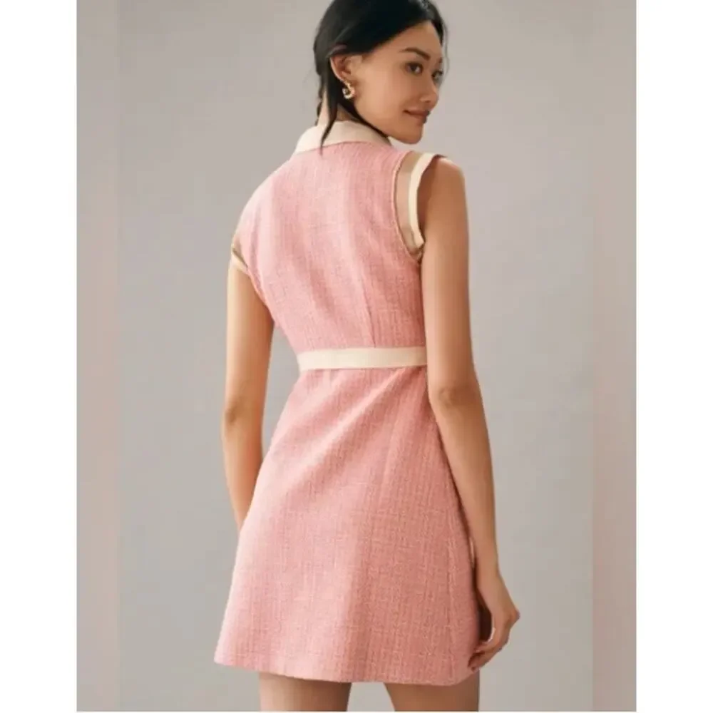 Anthropologie Maeve Tweed Mini Dress Collared Pink Cream Preppy Retro NWT 12 - Picture 2 of 7